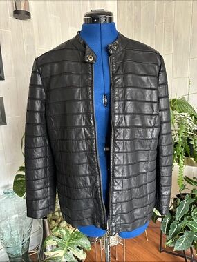 Men's Black Quilted Leather Jacket - Classic Collar